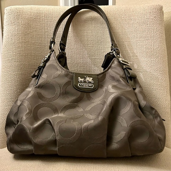 Coach Handbags - Coach Madison Op Art Maggie, F1120-18763. Grey exterior with purple lining.
